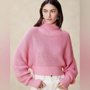 Banana Republic Janie Cropped Barbiecore Pink Chunky Knit Turtleneck Sweater New